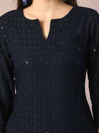 Myshka Women's Navy Blue Embroidered Cotton Straight Party Kurta Set