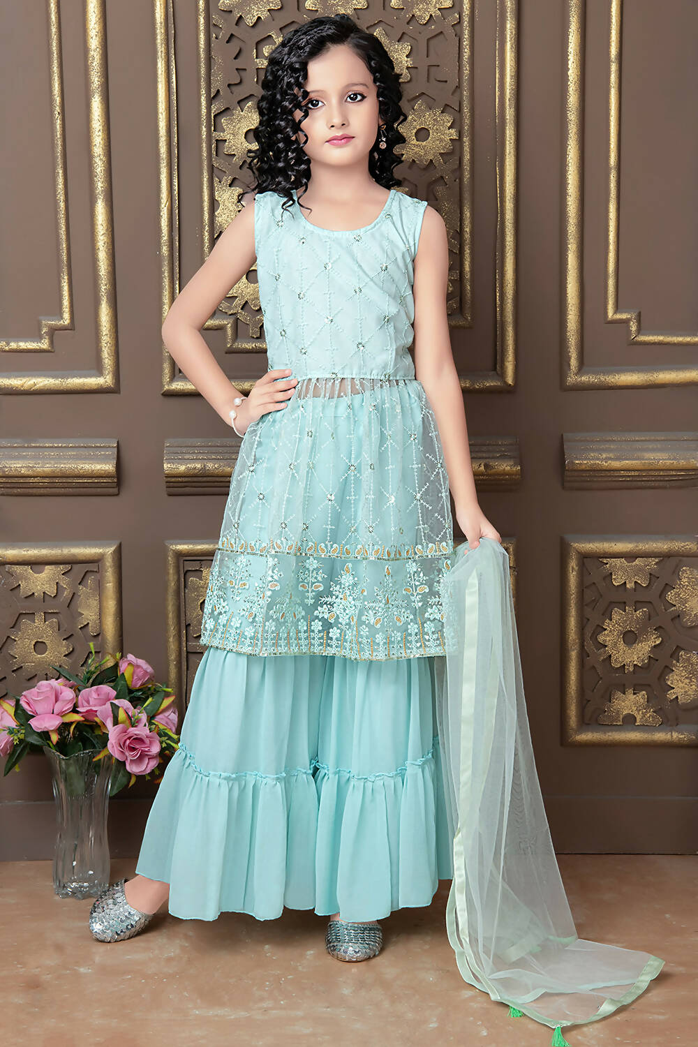 Kids Wedding Designer Sky Pure Finest Soft Net Sharara Suit - Aaradhna