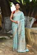 Joban Fashion Aqua Crepe Chiffon Pure Handloom Banarasi Silk Saree