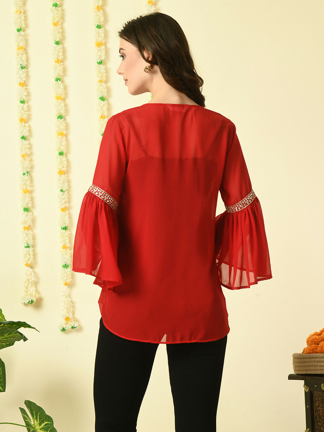 Myshka Women's Red Embroidered Party Fusion Top