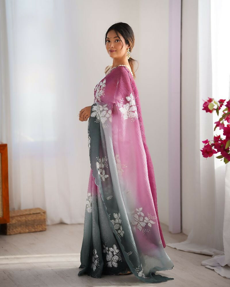 Wine and Green Crunchy Crush Pedding Color Embroidery Work Party Wear Saree - Zuleika
