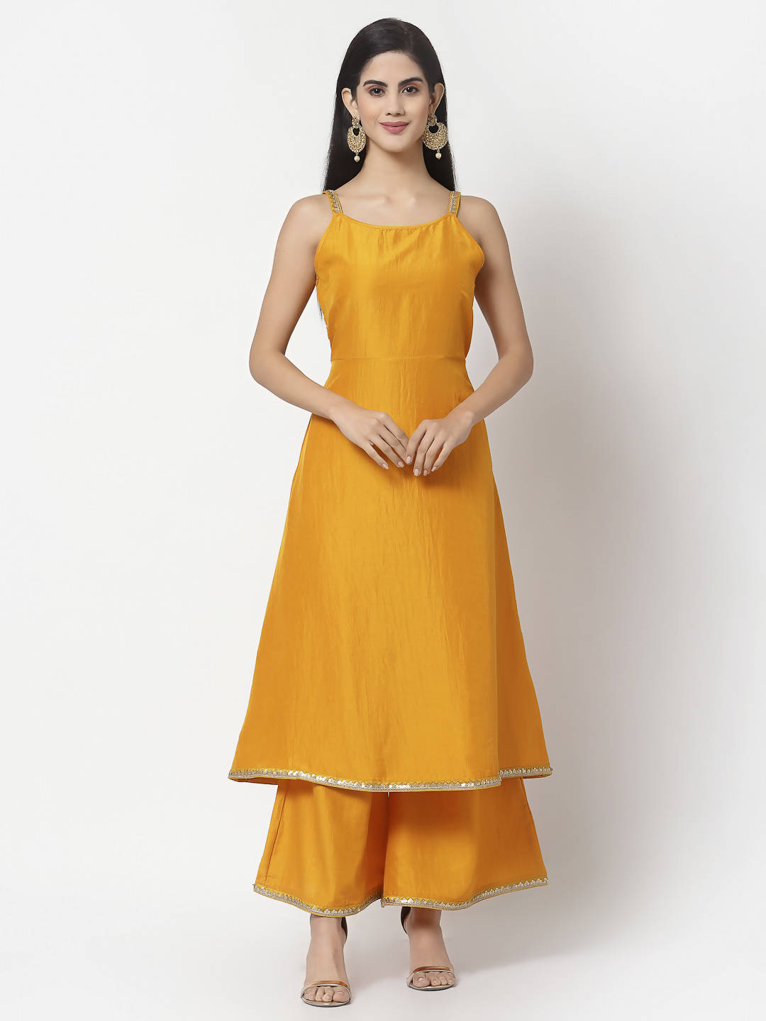 Myshka Women Yellow Silk Blend Solid Sleeveless Round Neck Neck Kurta Palazzo Dupatta Set