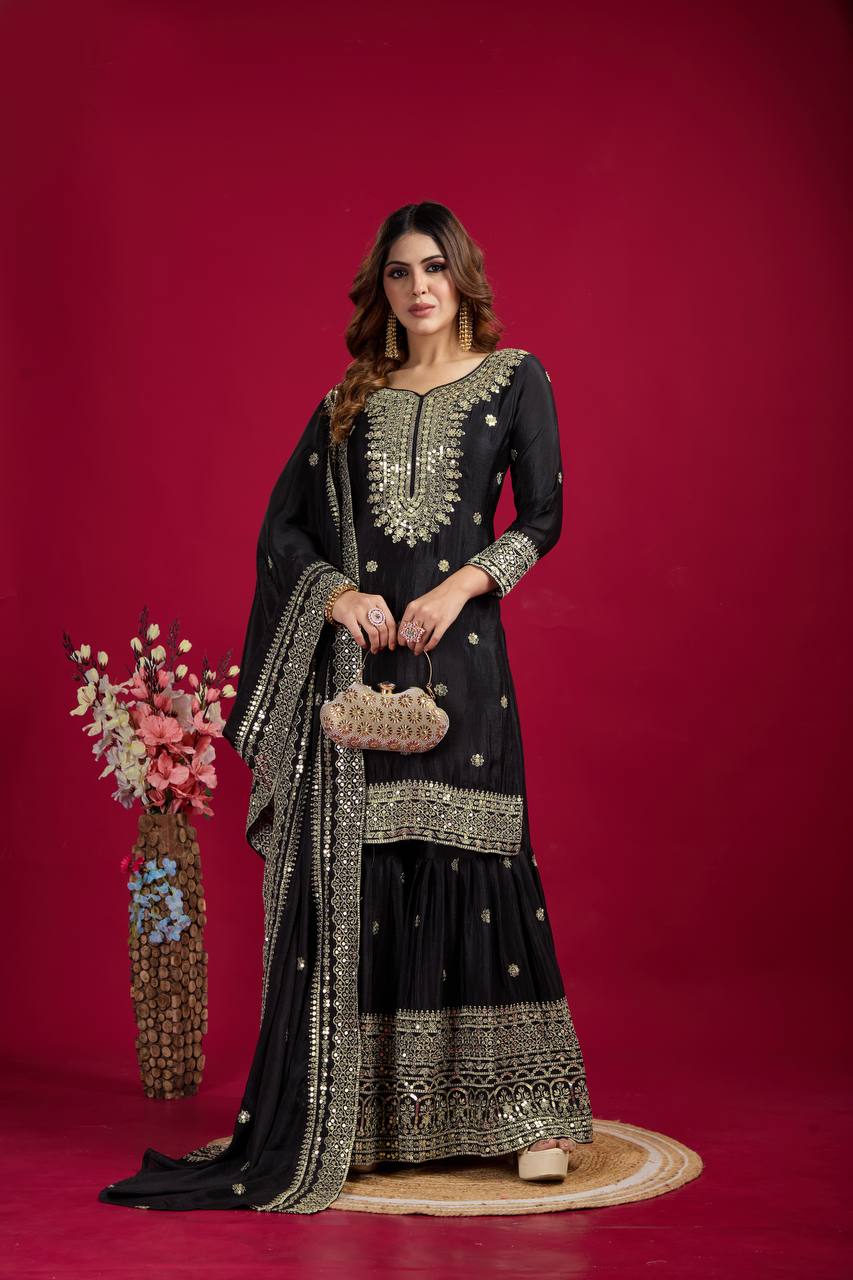 Lehenga Mart Chinnon Silk Embroidery Sequence Work Top-Palazzo And Dupatta Set - Distacart