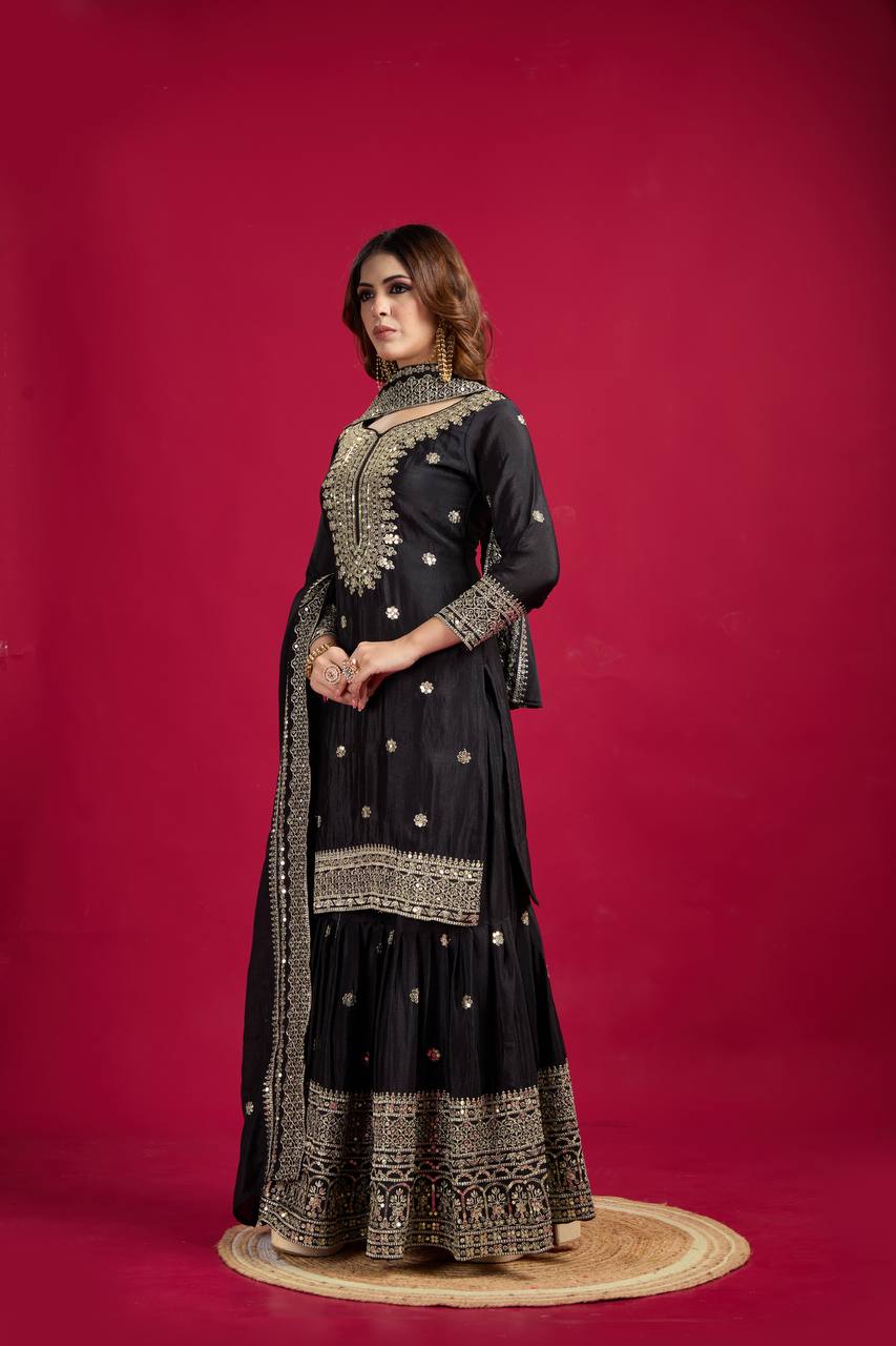 Lehenga Mart Chinon Silk Embroidery Sequence Work Top-Palazzo And Dupatta Set - Black