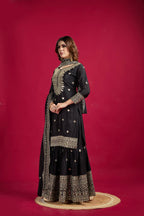 Lehenga Mart Chinon Silk Embroidery Sequence Work Top-Palazzo And Dupatta Set - Black