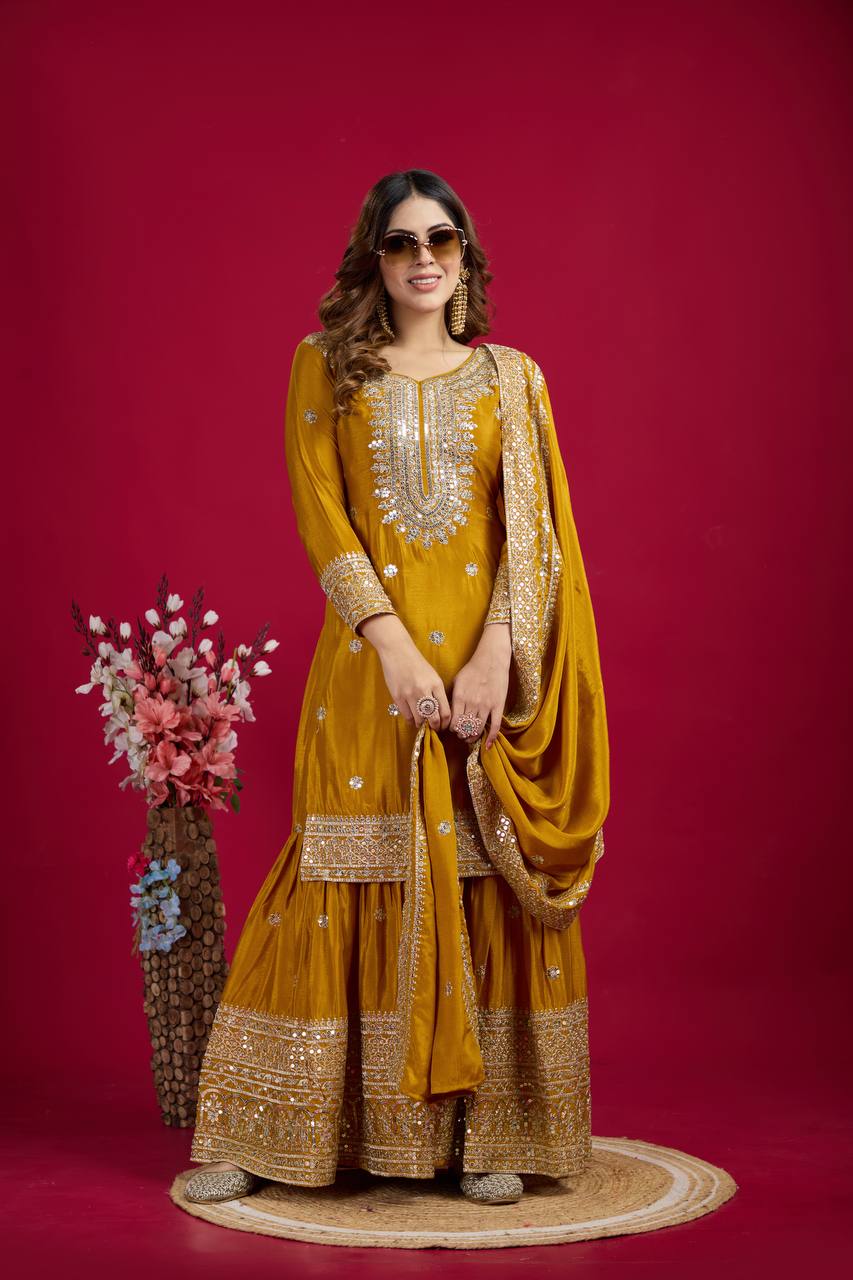 Lehenga Mart Chinnon Silk Embroidery Sequence Work Top-Palazzo And Dupatta Set - Distacart