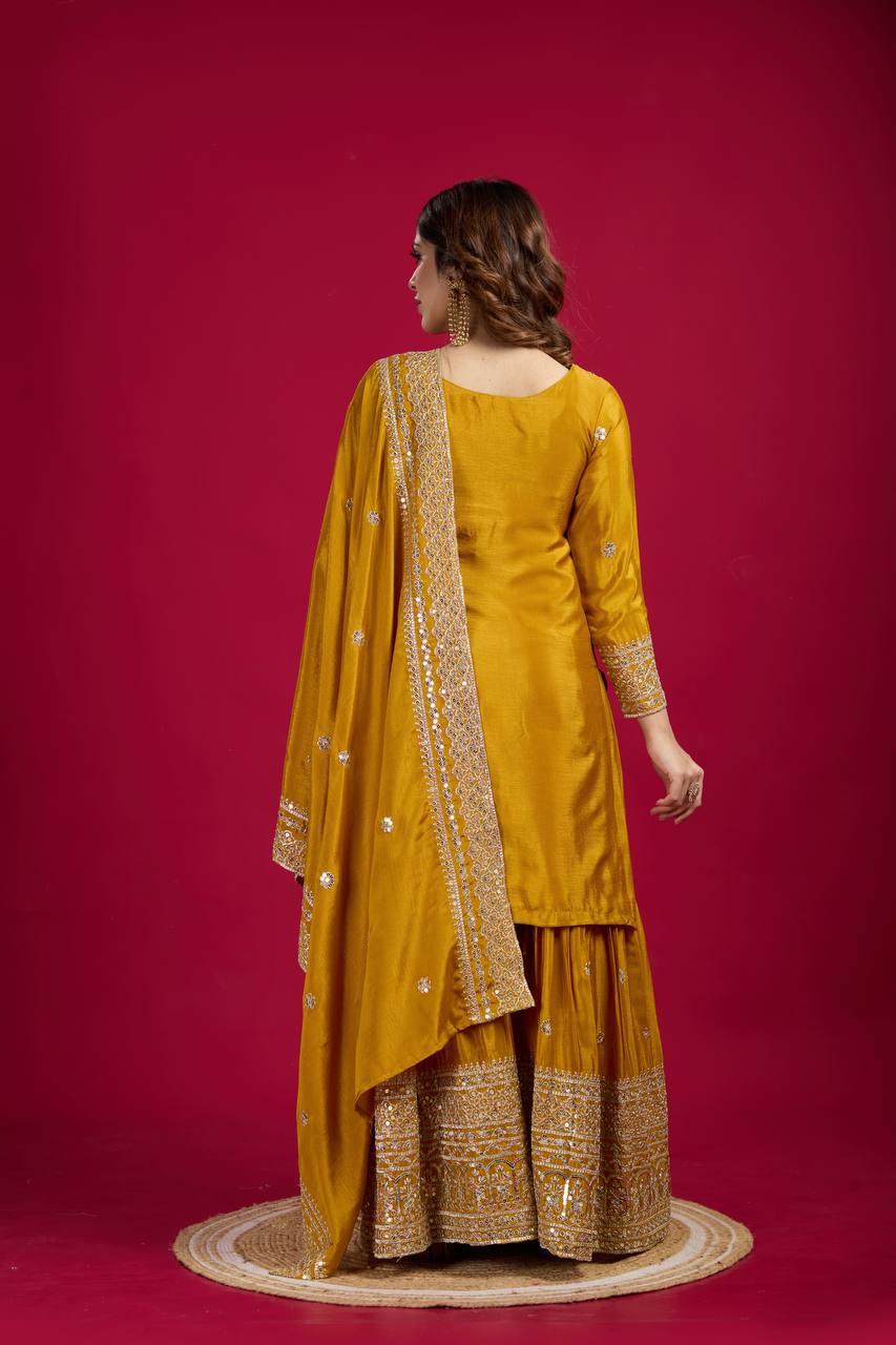 Lehenga Mart Chinnon Silk Embroidery Sequence Work Top-Palazzo And Dupatta Set - Distacart