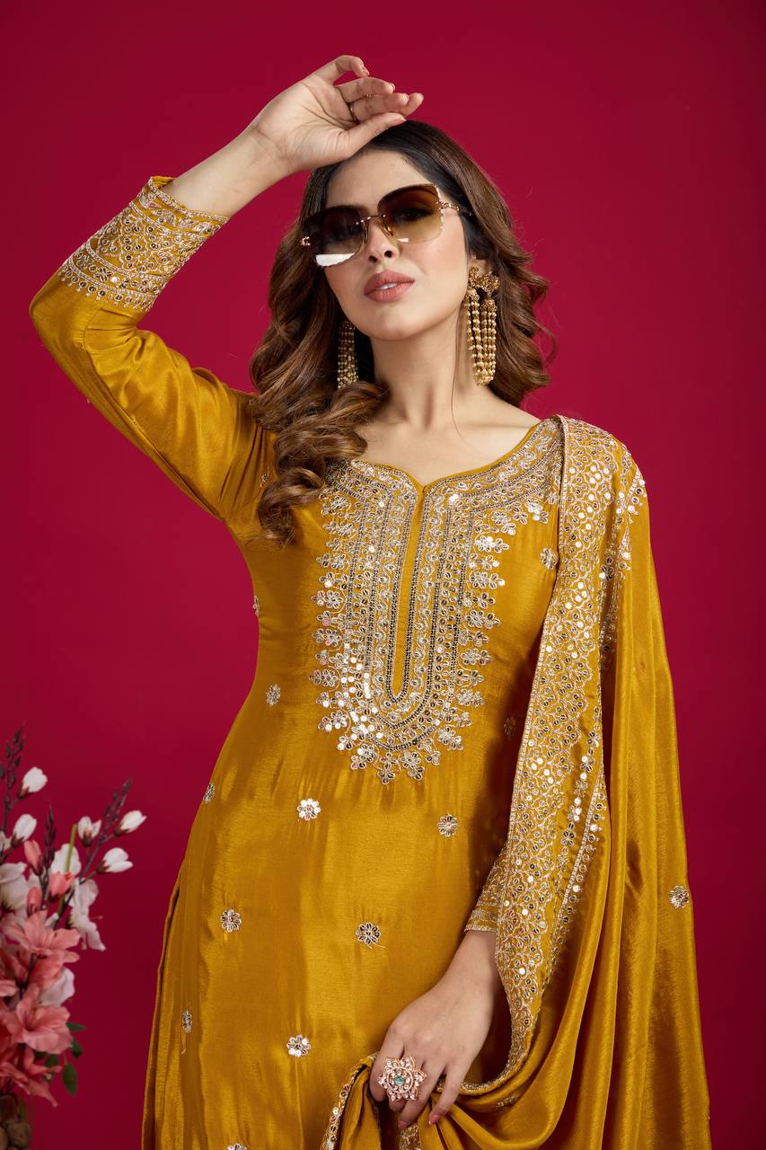 Lehenga Mart Chinnon Silk Embroidery Sequence Work Top-Palazzo And Dupatta Set - Distacart