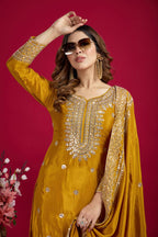 Lehenga Mart Chinon Silk Embroidery Sequence Work Top-Palazzo And Dupatta Set - Mustard