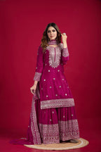 Lehenga Mart Chinnon Silk Embroidery Sequence Work Top-Palazzo And Dupatta Set - Distacart