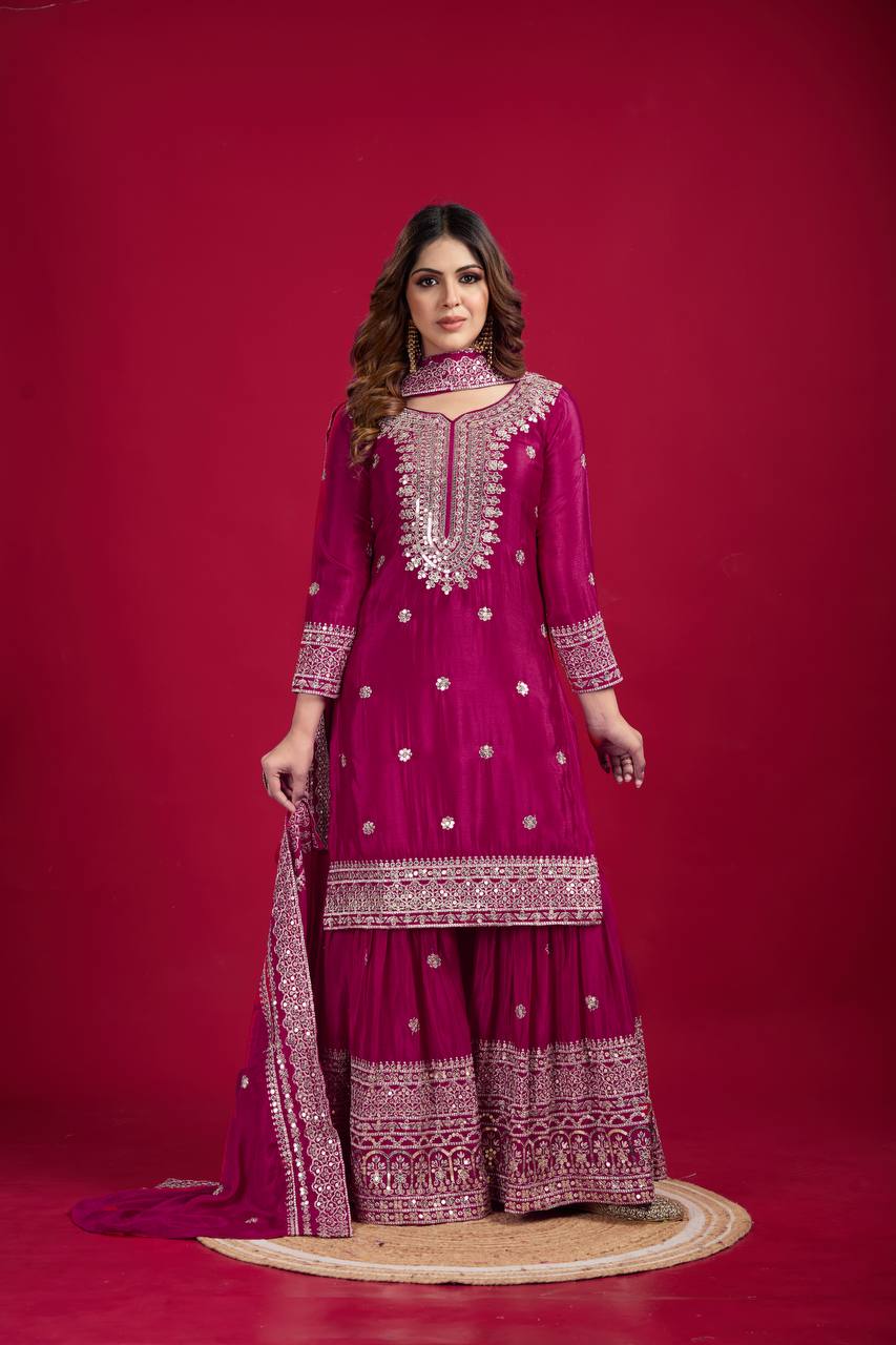 Lehenga Mart Chinon Silk Embroidery Sequence Work Top-Palazzo And Dupatta Set - Rani Pink
