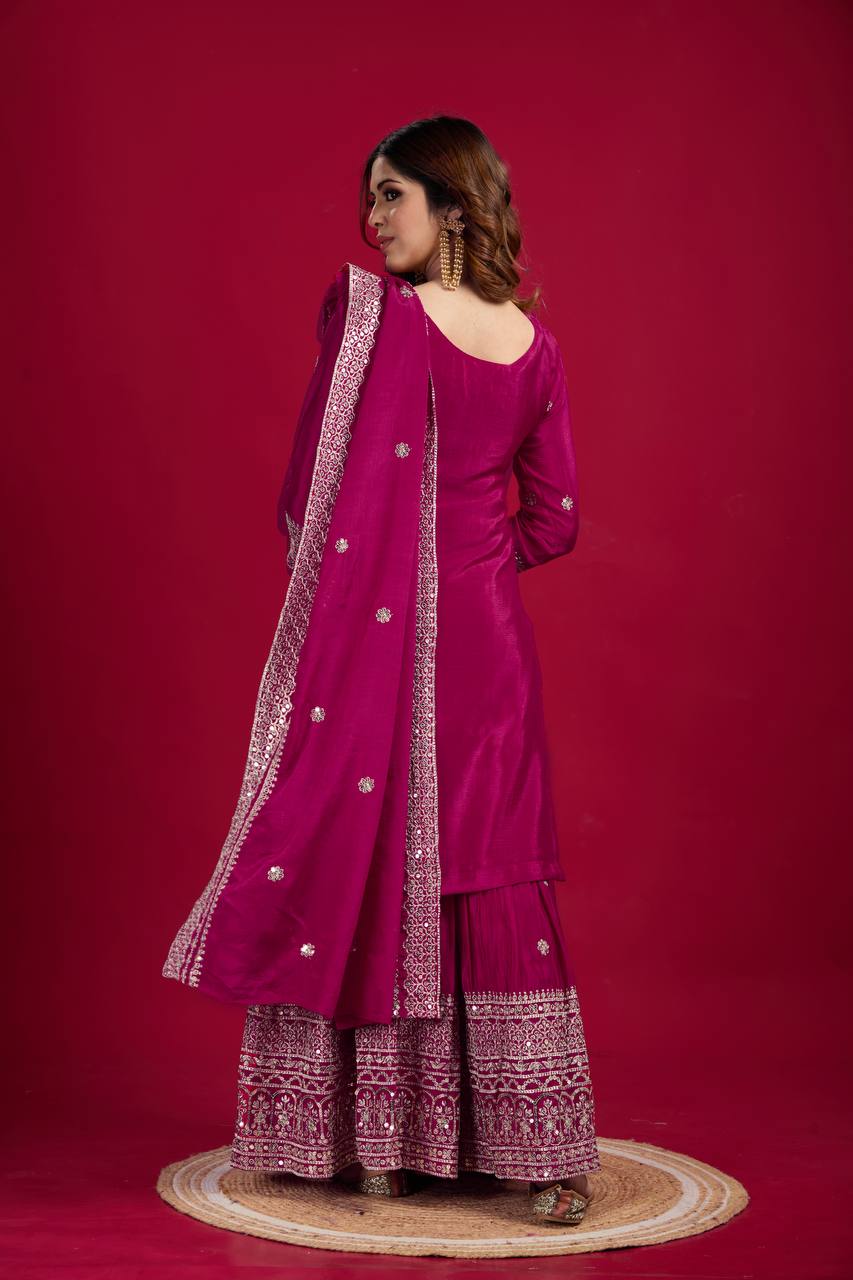 Lehenga Mart Chinnon Silk Embroidery Sequence Work Top-Palazzo And Dupatta Set - Distacart