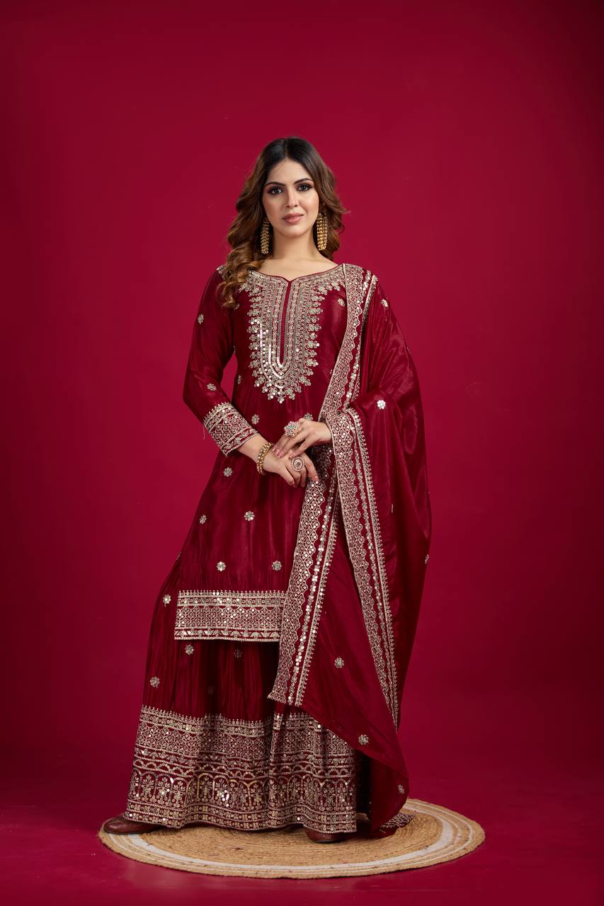 Lehenga Mart Chinnon Silk Embroidery Sequence Work Top-Palazzo And Dupatta Set - Distacart