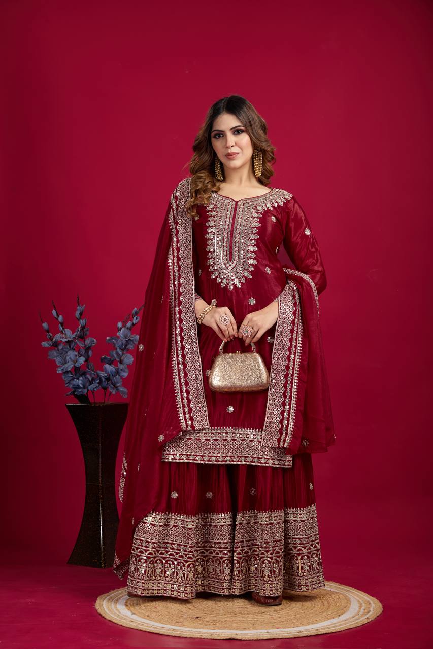 Lehenga Mart Chinnon Silk Embroidery Sequence Work Top-Palazzo And Dupatta Set - Distacart