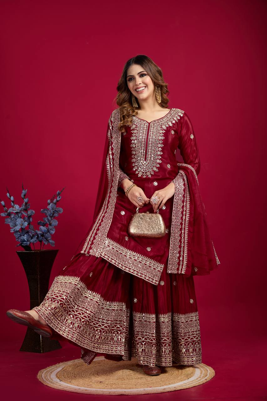 Lehenga Mart Chinnon Silk Embroidery Sequence Work Top-Palazzo And Dupatta Set - Distacart
