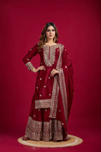 Lehenga Mart Chinnon Silk Embroidery Sequence Work Top-Palazzo And Dupatta Set - Distacart