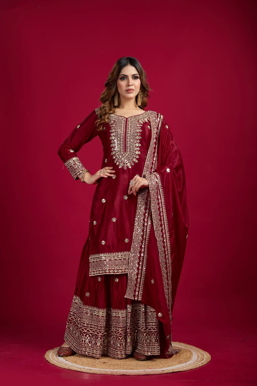 Lehenga Mart Chinnon Silk Embroidery Sequence Work Top-Palazzo And Dupatta Set - Distacart