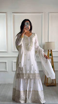 Lehenga Mart Chinnon Silk Embroidery Sequence Work Top-Palazzo And Dupatta Set