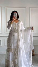Lehenga Mart Chinnon Silk Embroidery Sequence Work Top-Palazzo And Dupatta Set