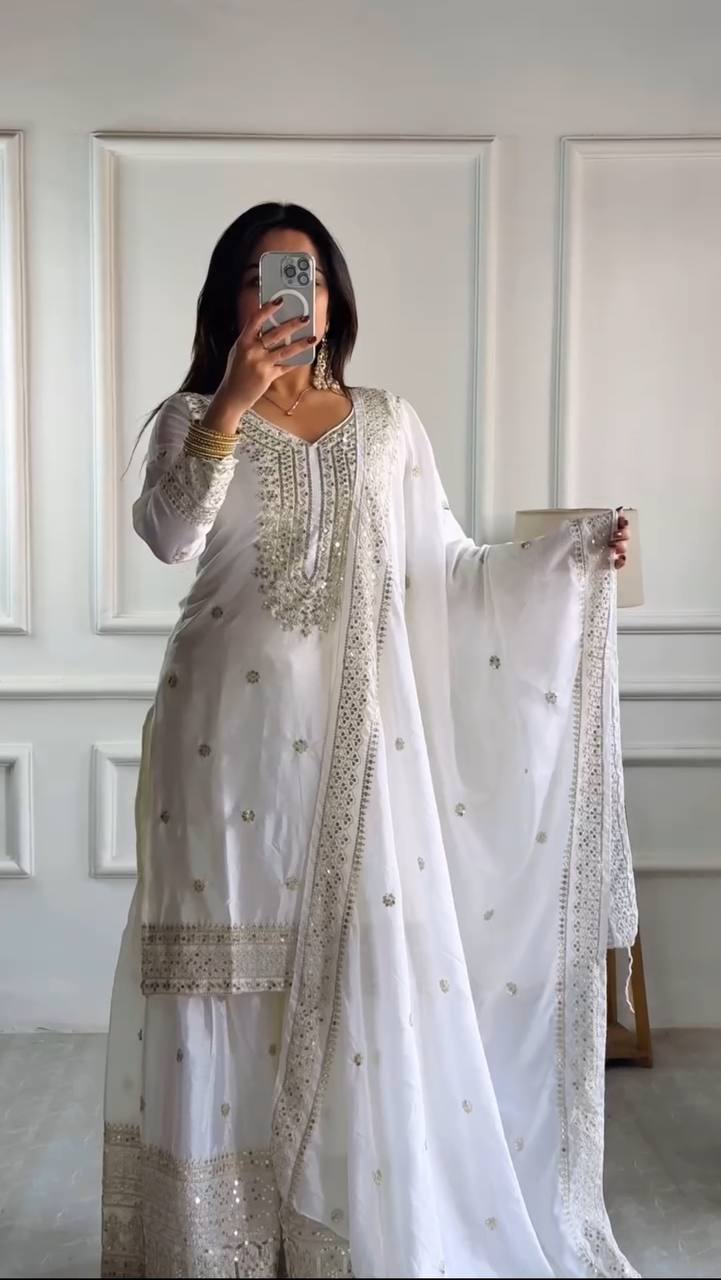 Lehenga Mart Chinnon Silk Embroidery Sequence Work Top-Palazzo And Dupatta Set