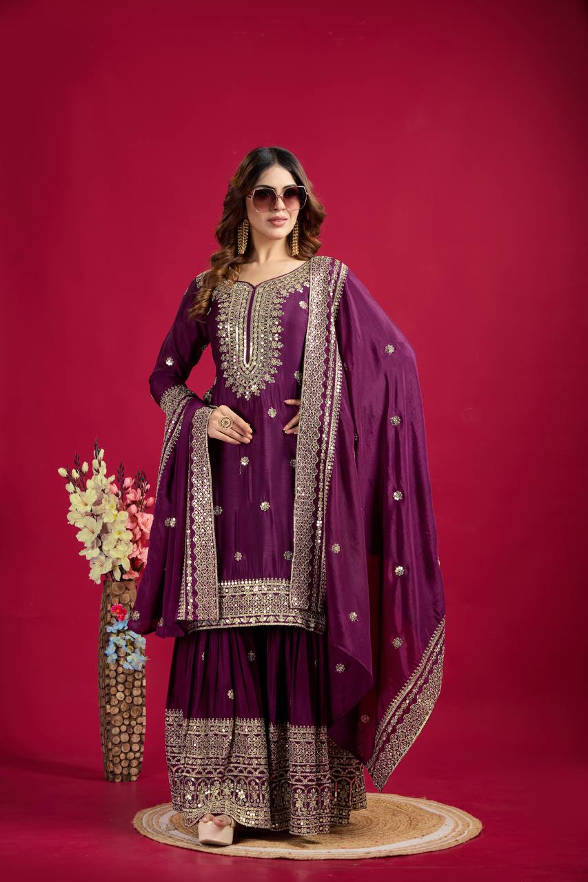 Lehenga Mart Chinnon Silk Embroidery Sequence Work Top-Palazzo And Dupatta Set - Distacart