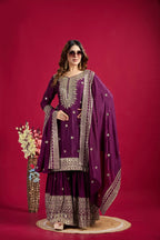 Lehenga Mart Chinon Silk Embroidery Sequence Work Top-Palazzo And Dupatta Set - Wine
