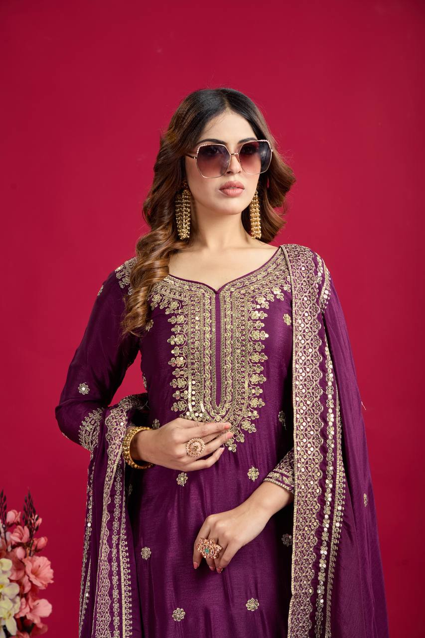 Lehenga Mart Chinnon Silk Embroidery Sequence Work Top-Palazzo And Dupatta Set - Distacart