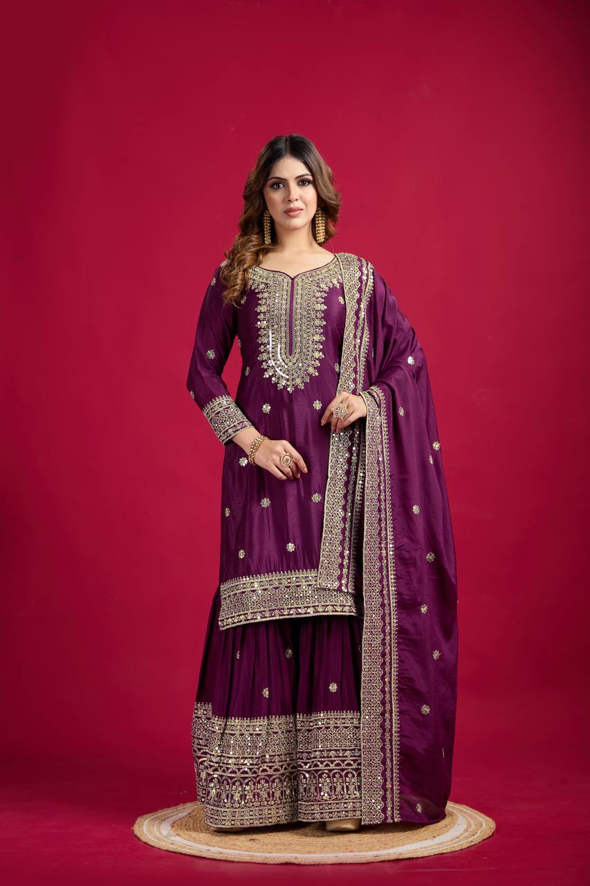 Lehenga Mart Chinon Silk Embroidery Sequence Work Top-Palazzo And Dupatta Set - Wine