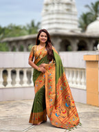 Vedant Vastram Soft Litchi Silk Paithani Jacquard Saree - Mahendi