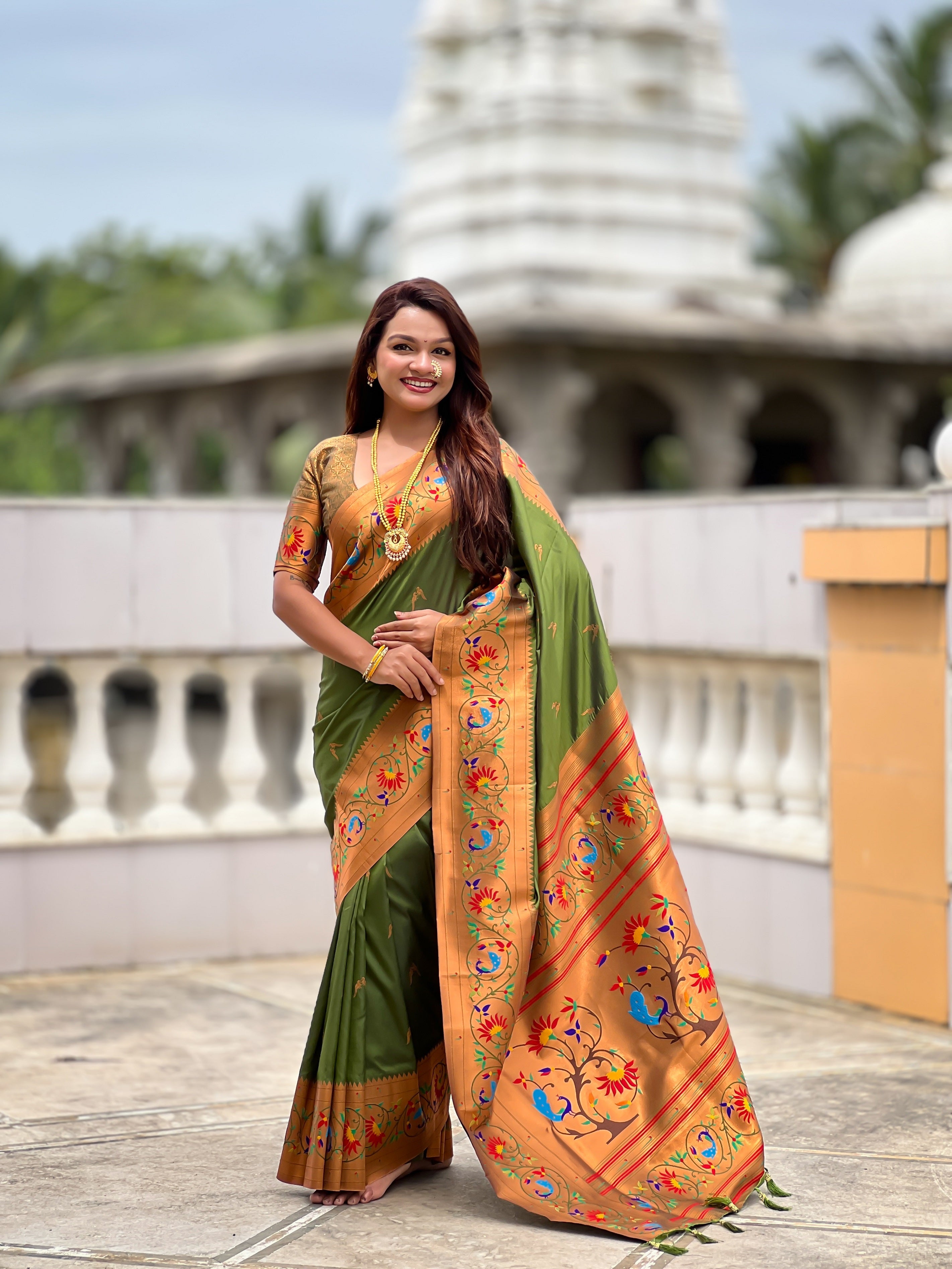 Vedant Vastram Soft Litchi Silk Paithani Jacquard Saree - Mahendi