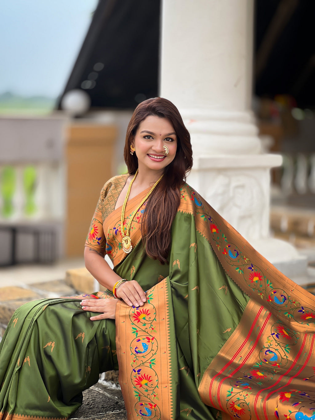Vedant Vastram Soft Litchi Silk Paithani Jacquard Saree - Mahendi