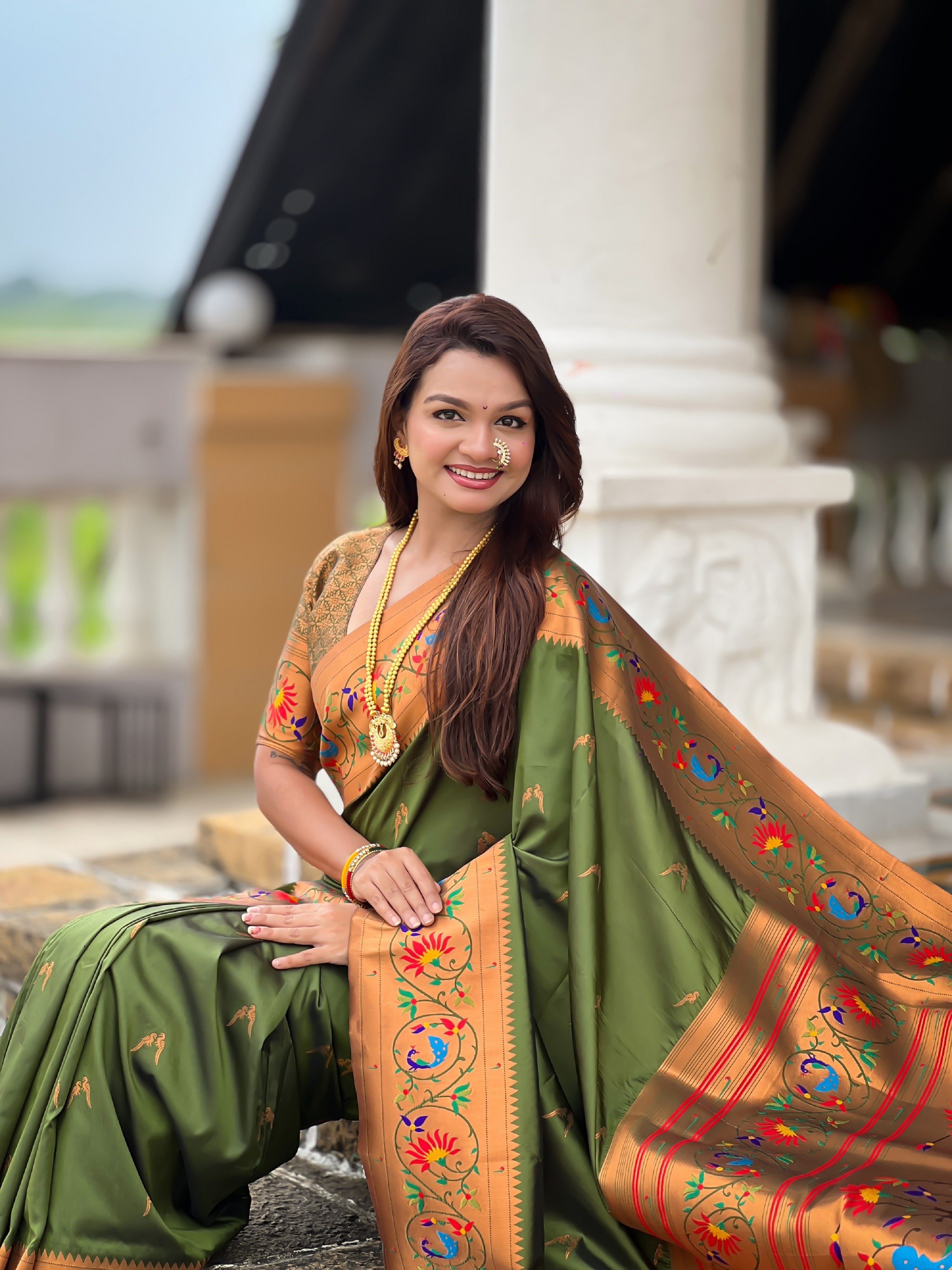 Vedant Vastram Soft Litchi Silk Paithani Jacquard Saree - Mahendi