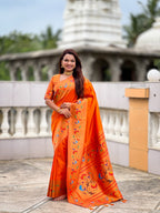 Vedant Vastram Soft Litchi Silk Paithani Jacquard Saree - Orange
