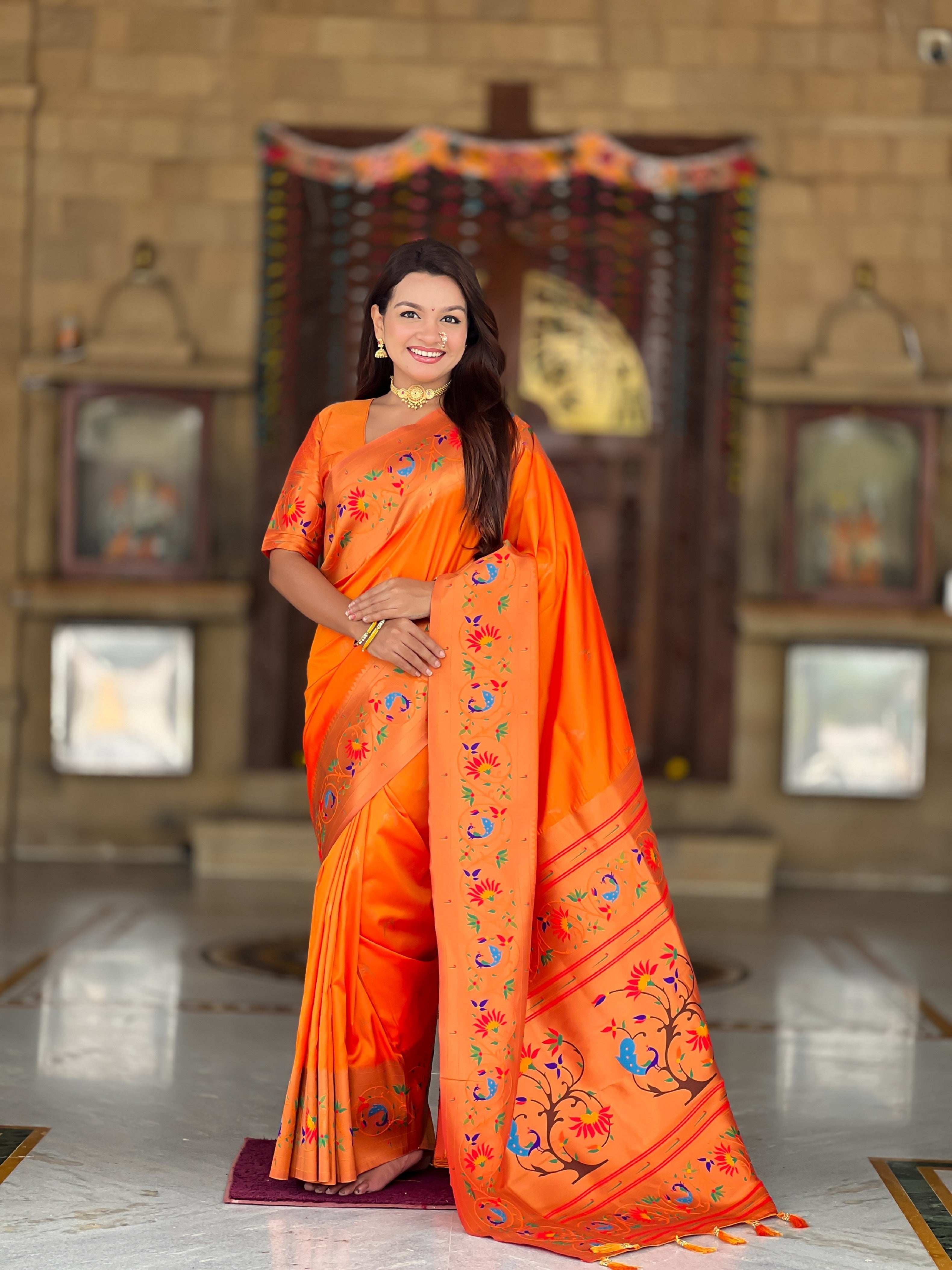 Vedant Vastram Soft Litchi Silk Paithani Jacquard Saree - Orange