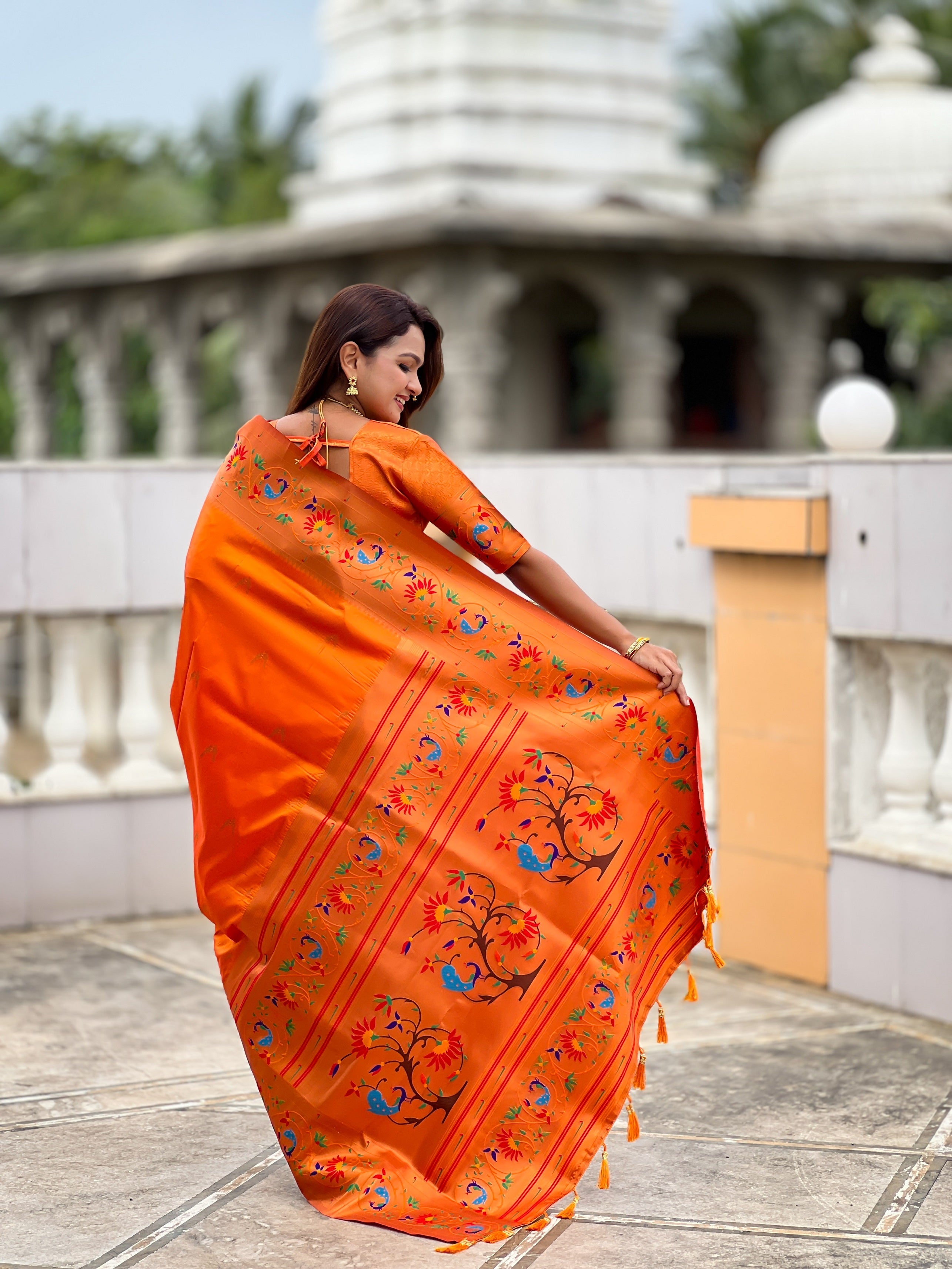 Vedant Vastram Soft Litchi Silk Paithani Jacquard Saree - Orange