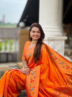 Vedant Vastram Soft Litchi Silk Paithani Jacquard Saree - Orange