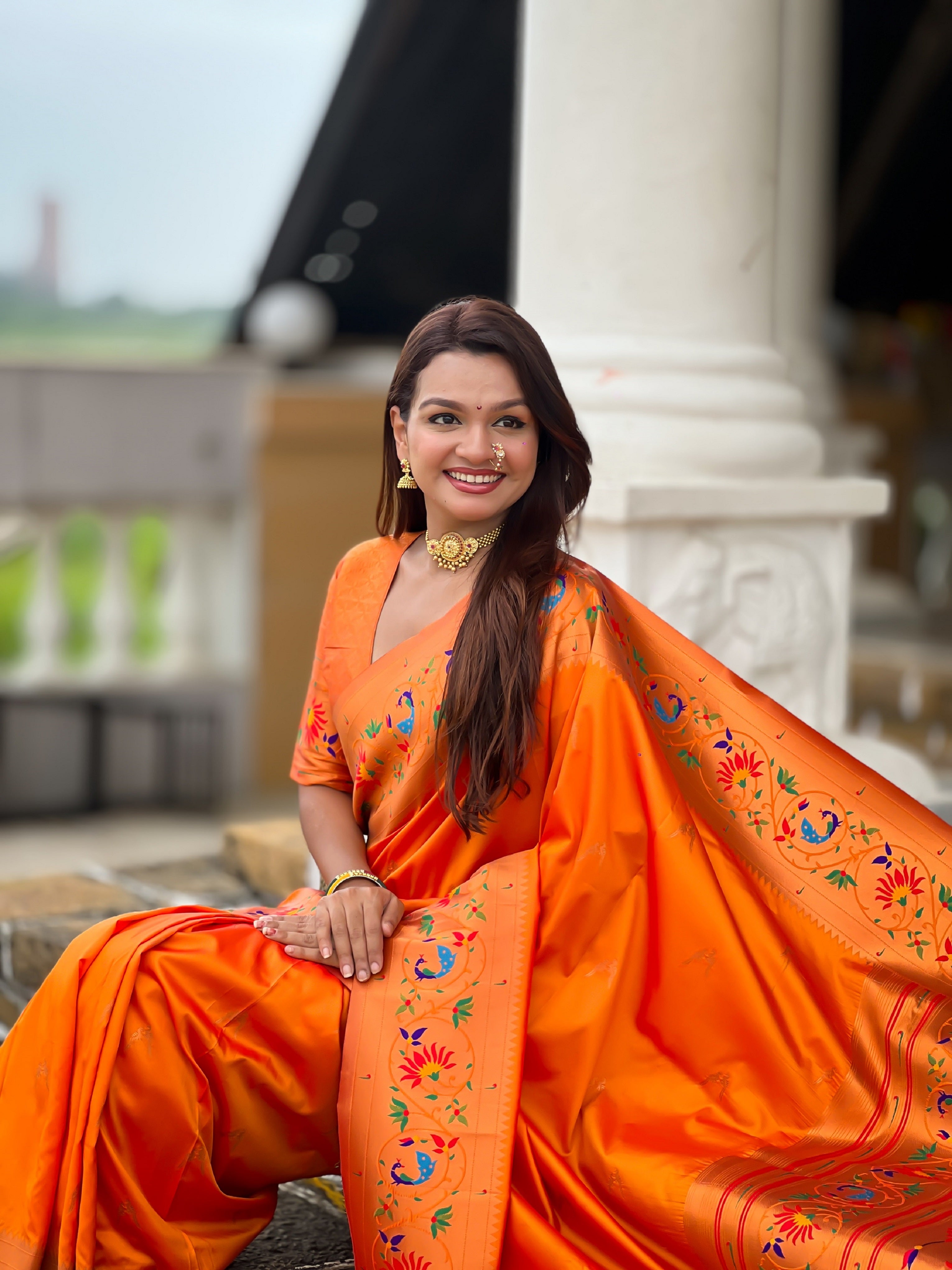 Vedant Vastram Soft Litchi Silk Paithani Jacquard Saree - Orange