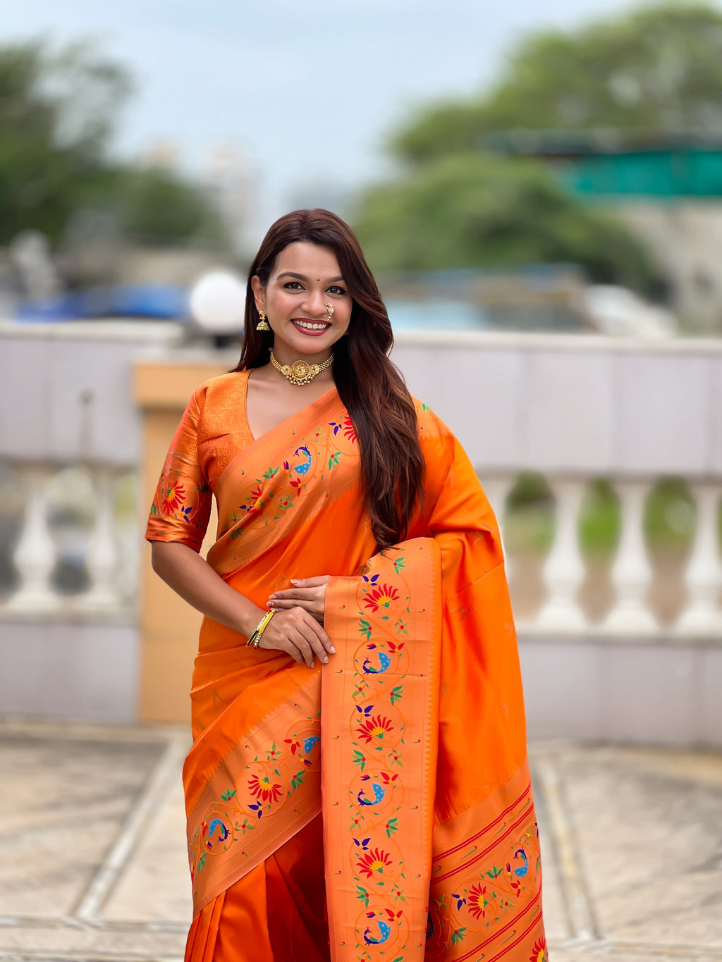 Vedant Vastram Soft Litchi Silk Paithani Jacquard Saree - Orange