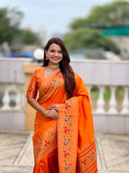 Vedant Vastram Soft Litchi Silk Paithani Jacquard Saree - Orange
