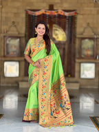 Vedant Vastram Soft Litchi Silk Paithani Jacquard Saree - Parrot