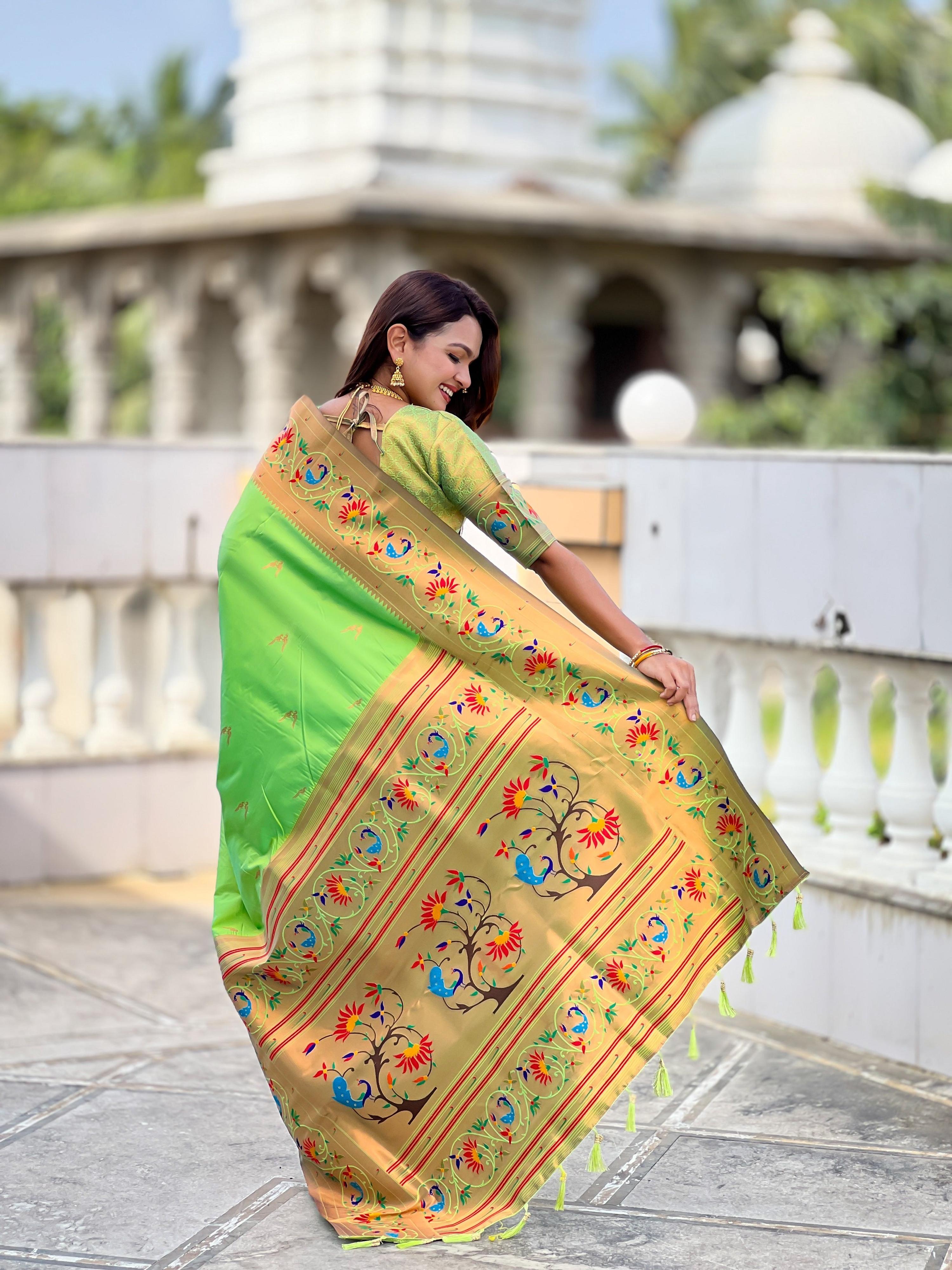 Vedant Vastram Soft Litchi Silk Paithani Jacquard Saree - Parrot