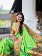 Vedant Vastram Soft Litchi Silk Paithani Jacquard Saree - Parrot