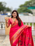 Vedant Vastram Soft Litchi Silk Paithani Jacquard Saree - Pink