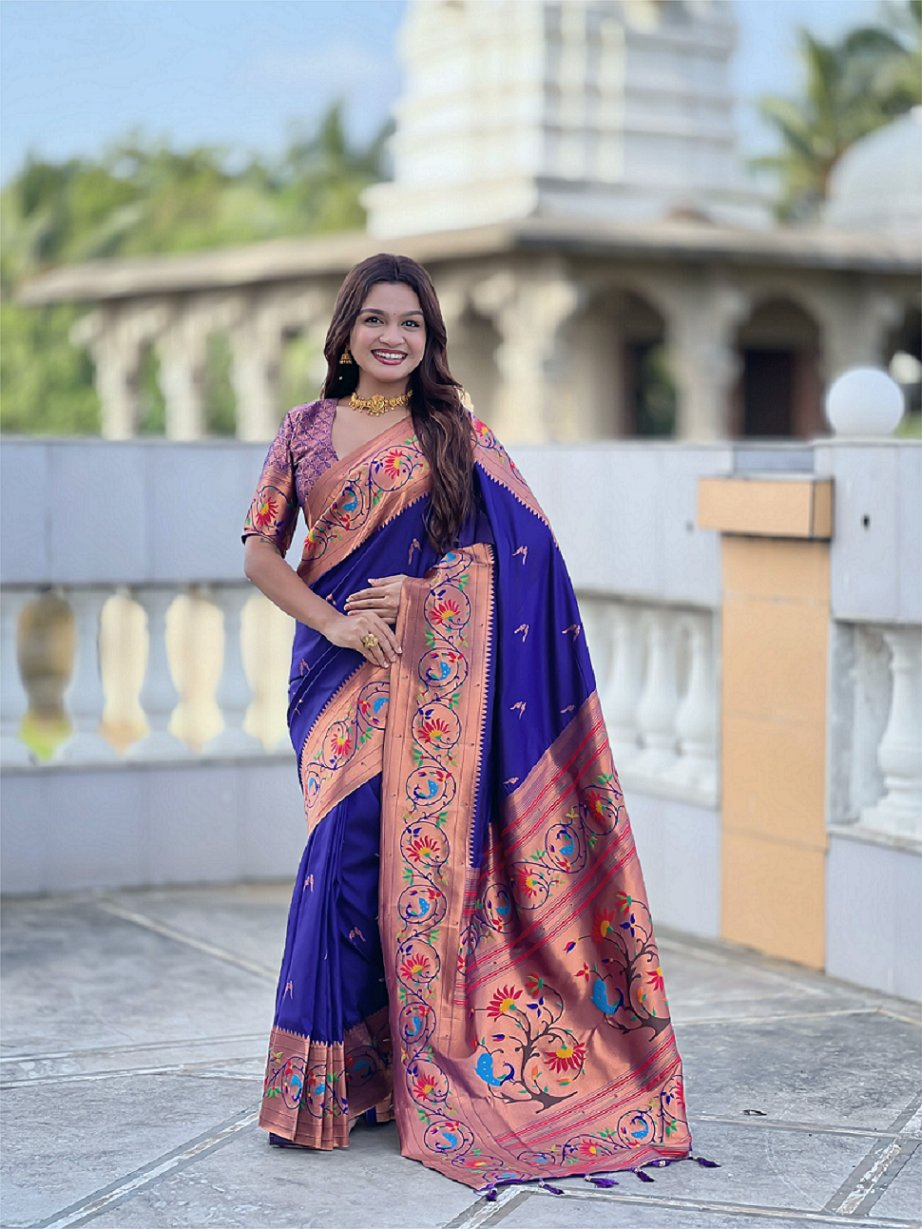 Vedant Vastram Soft Litchi Silk Paithani Jacquard Saree - Violet