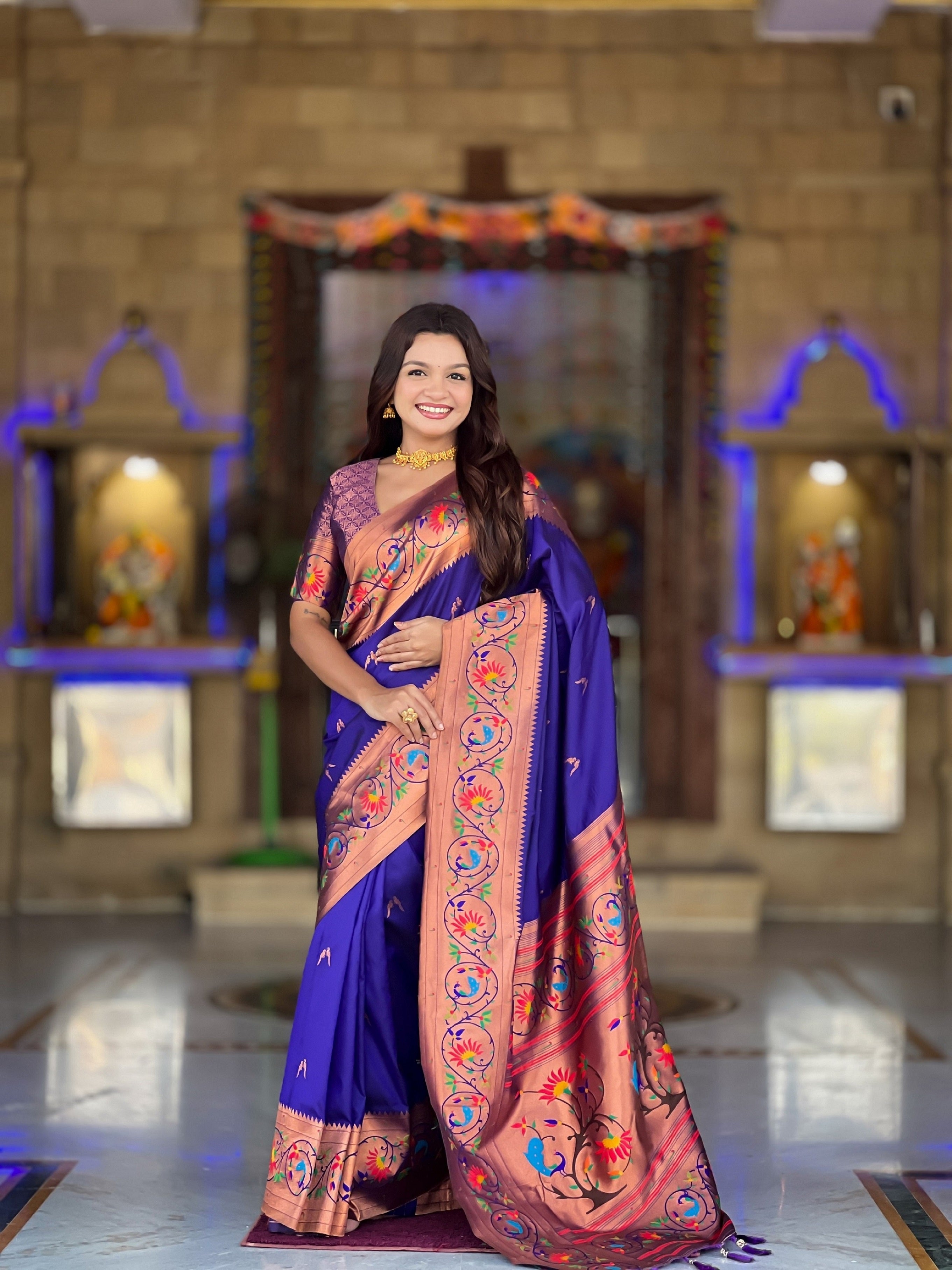 Vedant Vastram Soft Litchi Silk Paithani Jacquard Saree - Violet