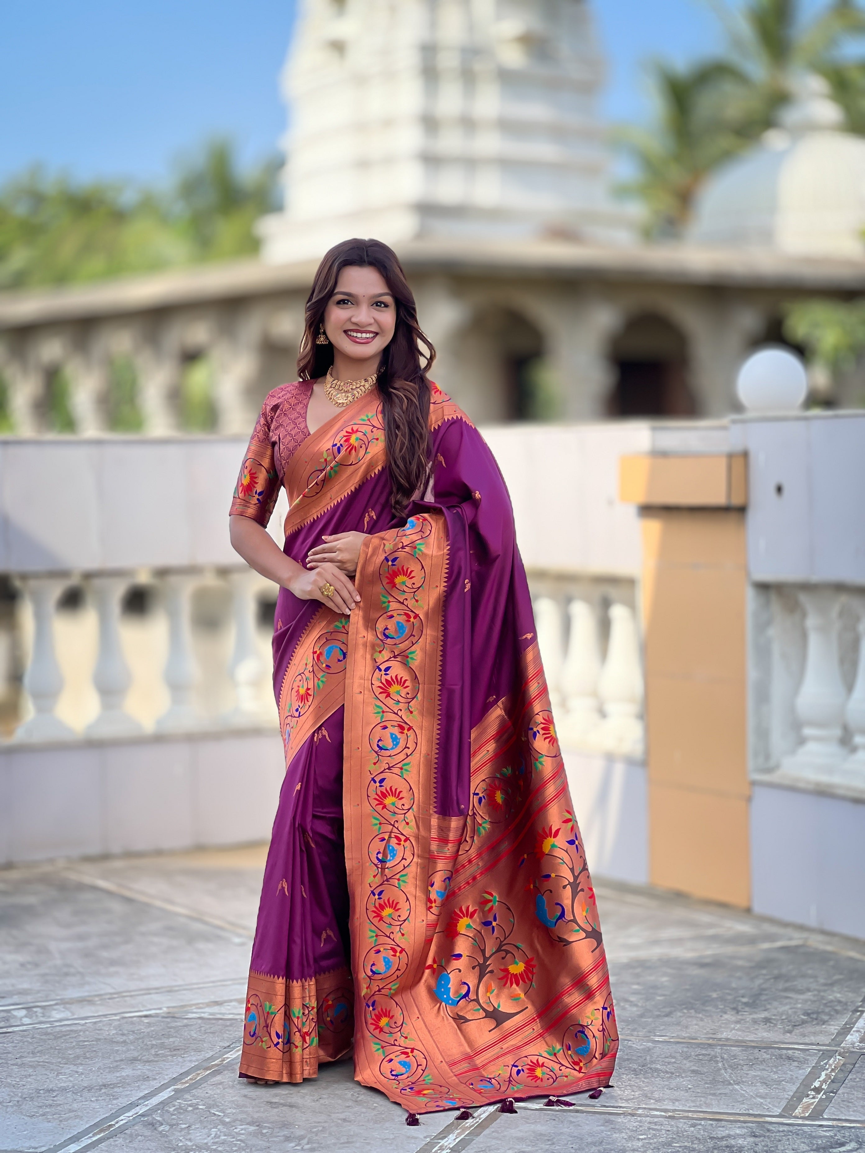 Vedant Vastram Soft Litchi Silk Paithani Jacquard Saree - Wine