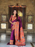 Vedant Vastram Soft Litchi Silk Paithani Jacquard Saree - Wine