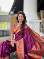 Vedant Vastram Soft Litchi Silk Paithani Jacquard Saree - Wine