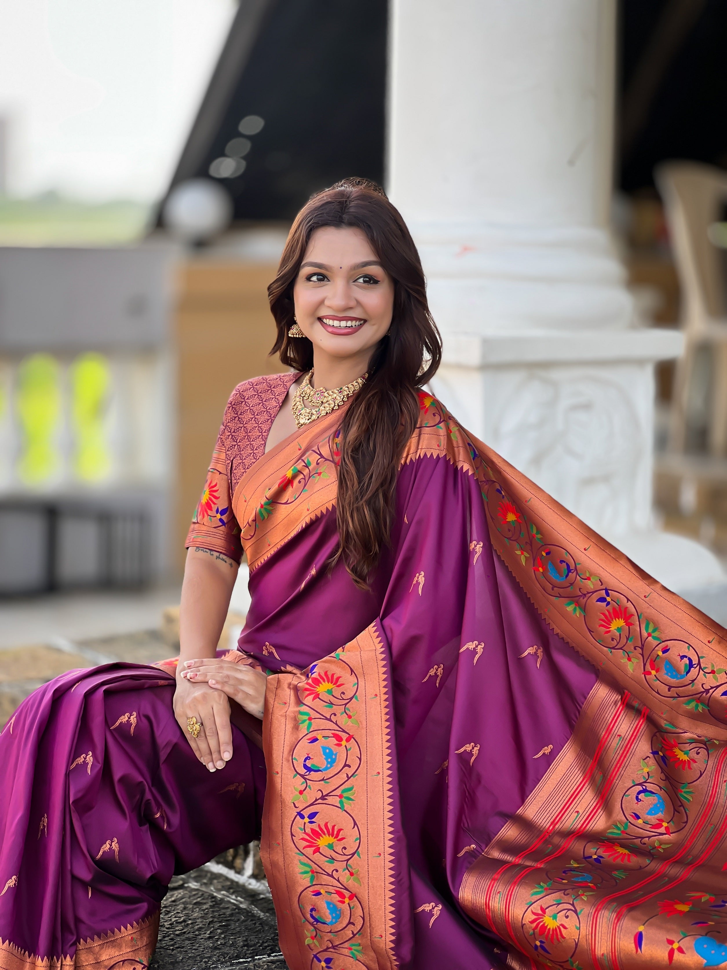 Vedant Vastram Soft Litchi Silk Paithani Jacquard Saree - Wine