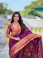 Vedant Vastram Soft Litchi Silk Paithani Jacquard Saree - Wine
